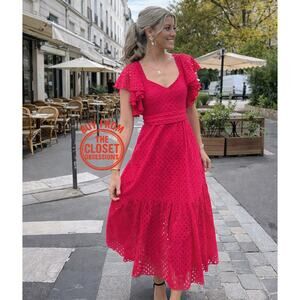 ZARA Blogger Fave Fuchsia Eyelet Ruffle Midi Dress NWT